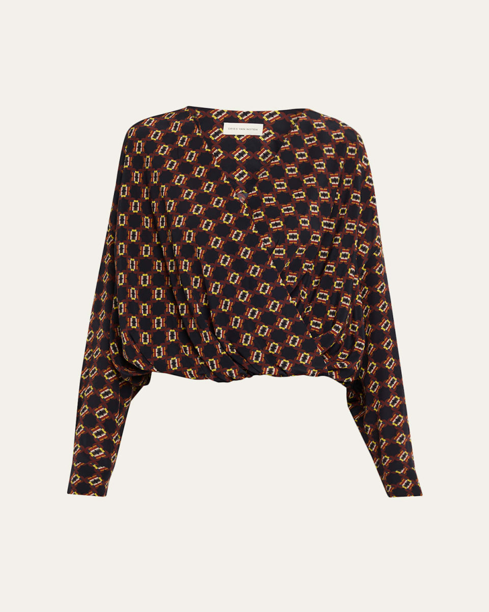 Camiel Printed Silk Long-Sleeve Wrap Top